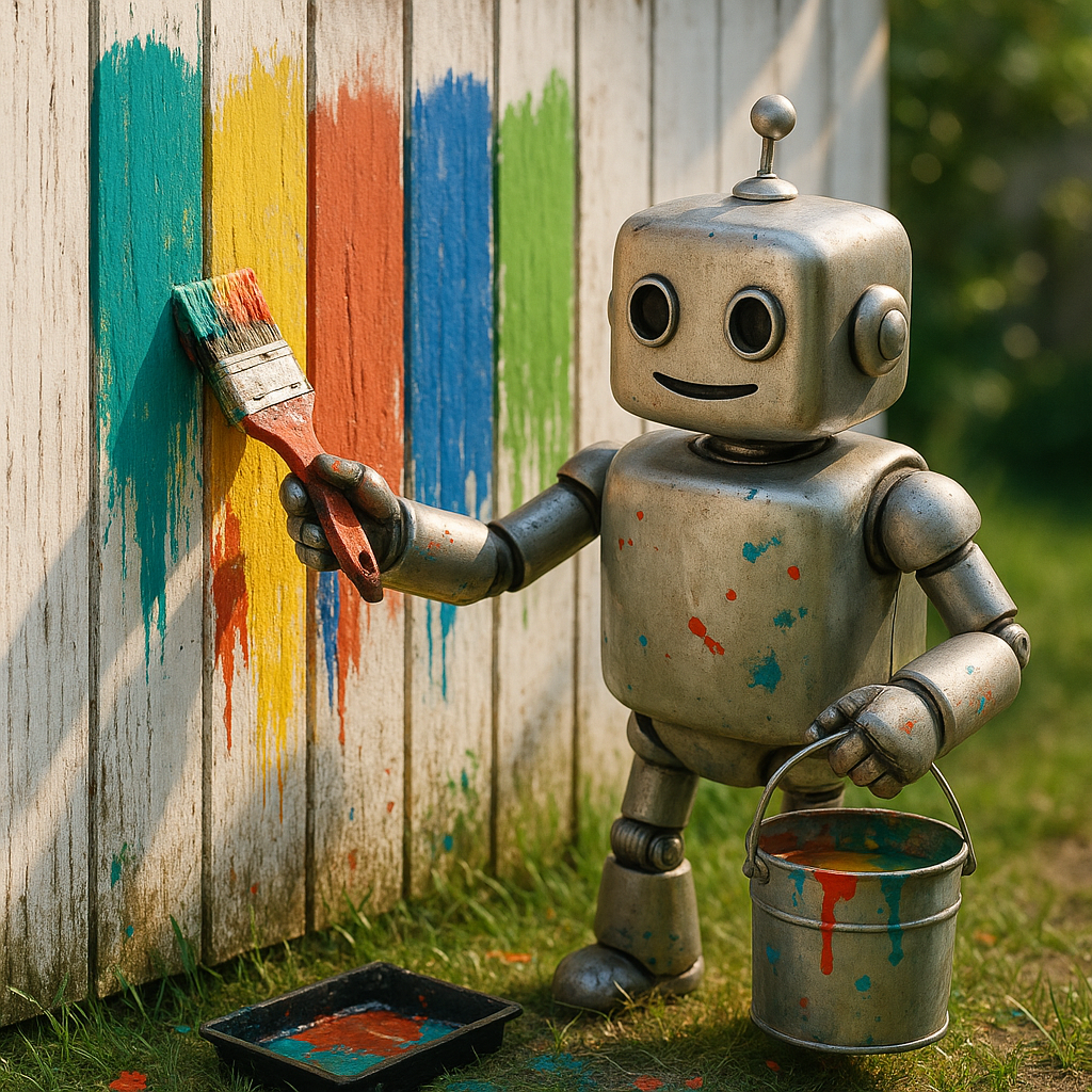 Robot is painting a fence full of colors